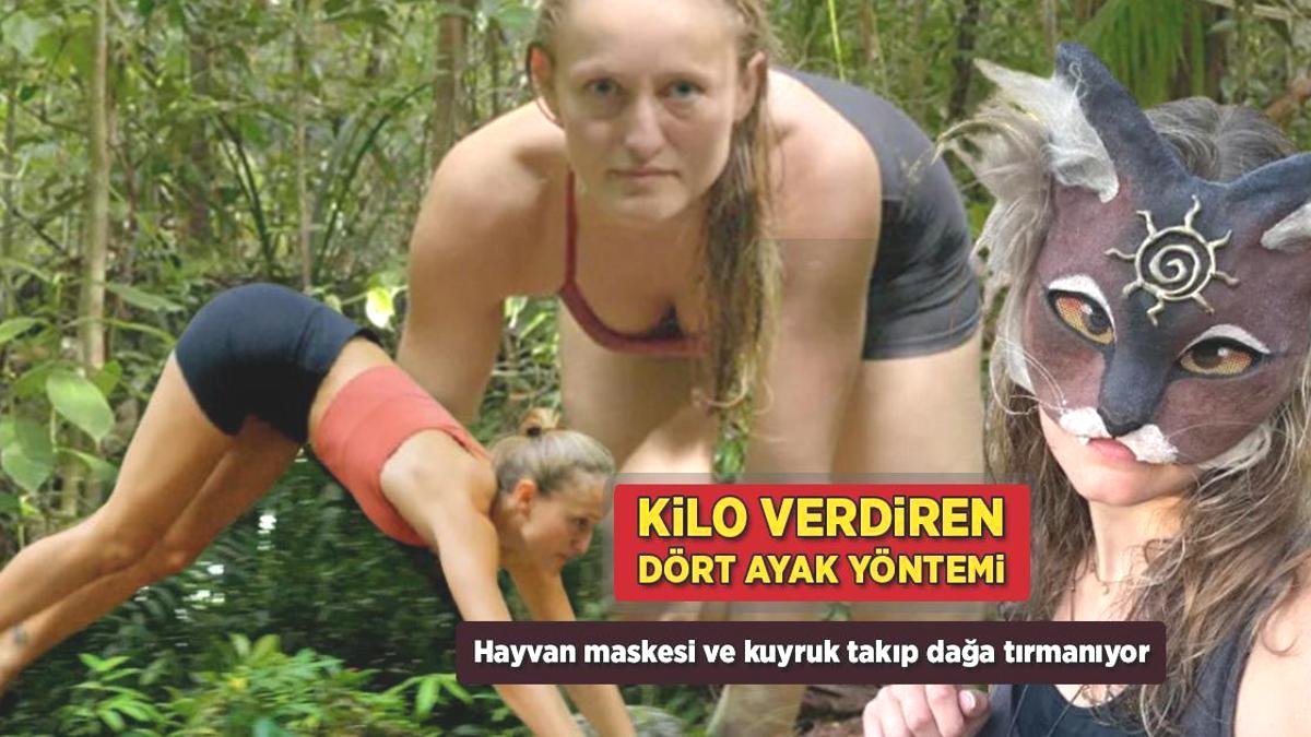 Kilo verdiren dört ayak yöntemi! Hayvan maskesi ve kuyruk takıp dağa tırmanıyor